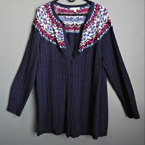 Woman Within Colorful Cotton Cable Knit Cardigan Sweater - Size Medium 14/16